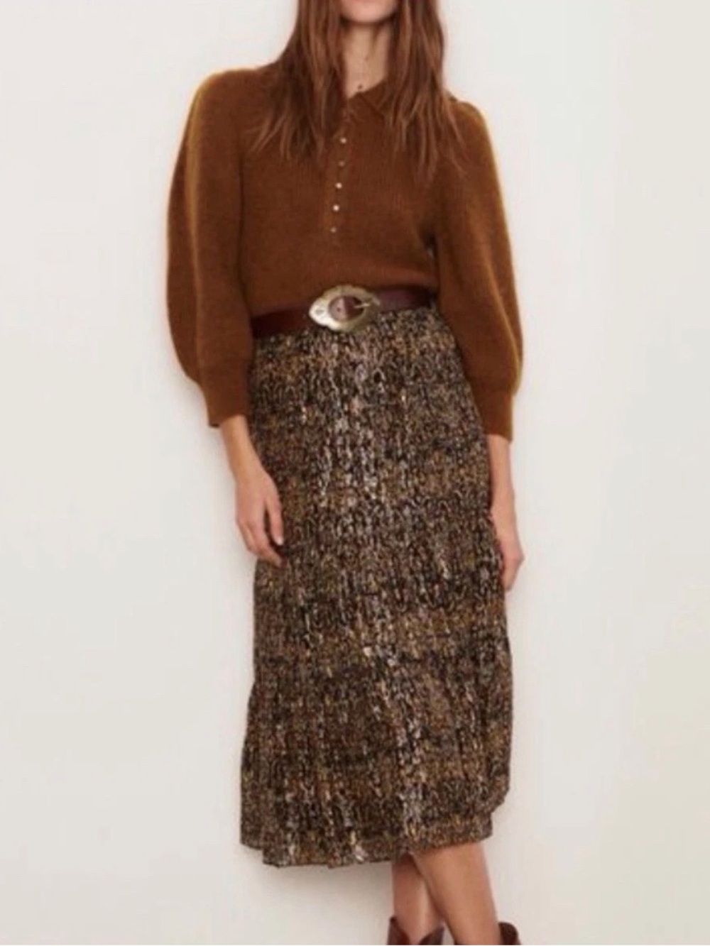NEW Ba&sh Gellio tiered printed Lined Midi Skirt Size 0 Metallic